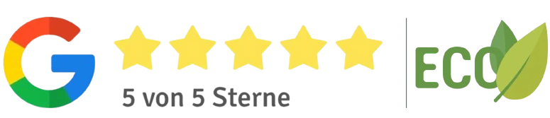 Bild zeigt die 5-Sterne Bewertung bei Google und das Eco Label